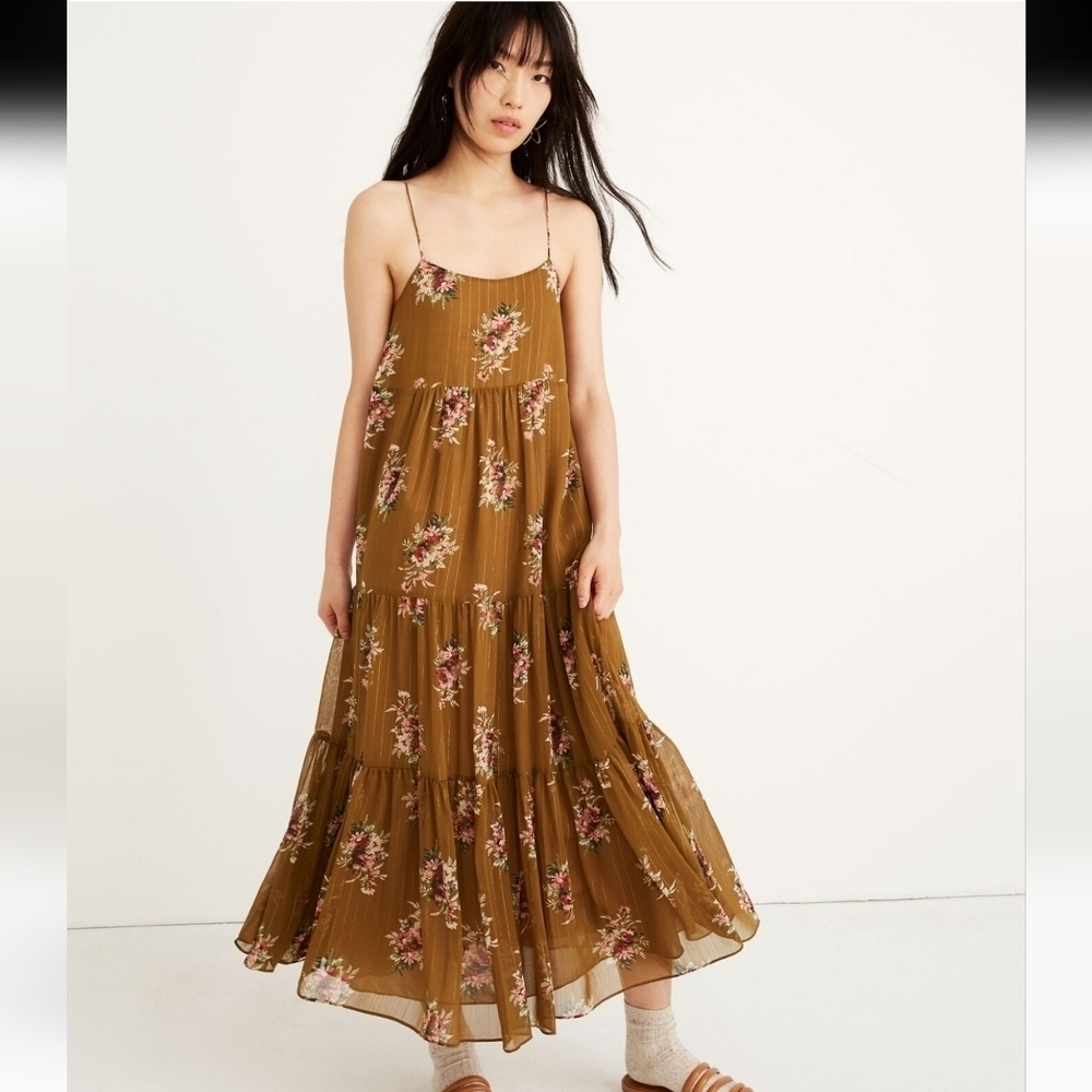 Madewell Yellow Brown Spaghetti Strap Sundress Maxi